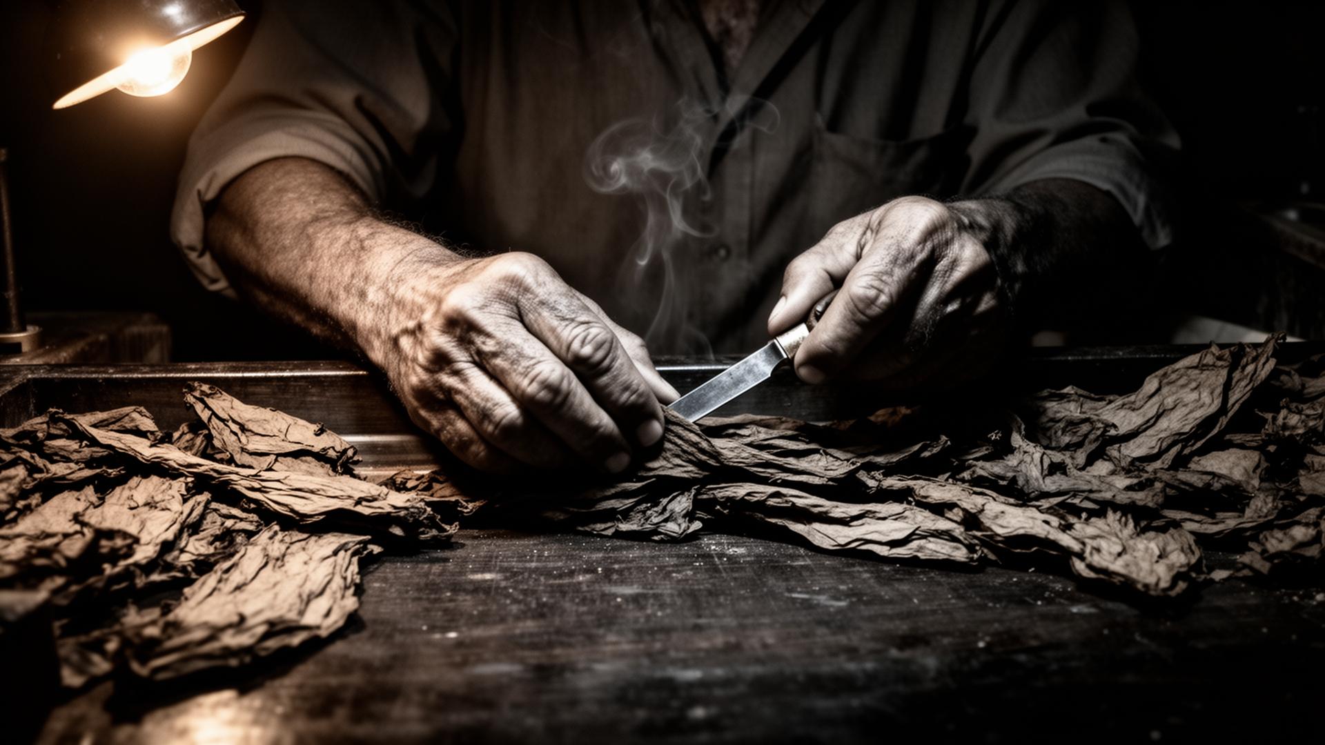 Hands of the master Cuban torcedor at the rolling table